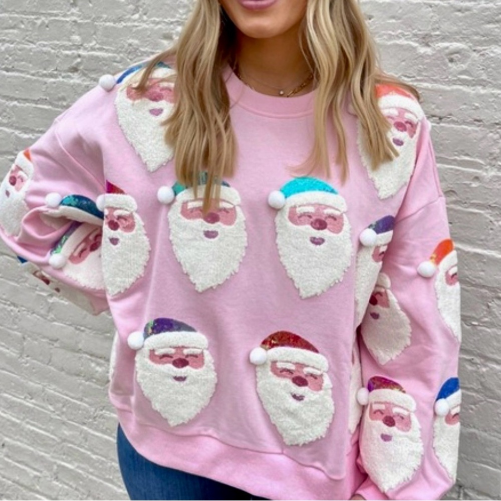 QUEEN OF SPARKLES Baby Pink Santa Sweater